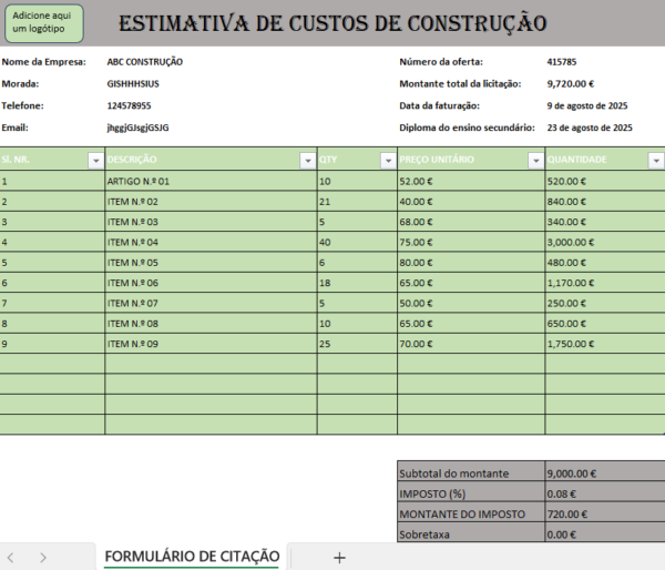 Orçamento de custo de construção em Excel para controlo financeiro da obra