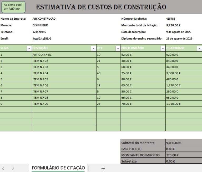 Orçamento de custo de construção em Excel para controlo financeiro da obra