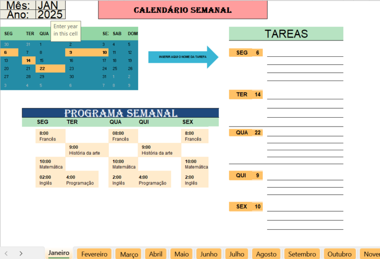 Planeador semanal em Excel para organização de tarefas e compromissos
