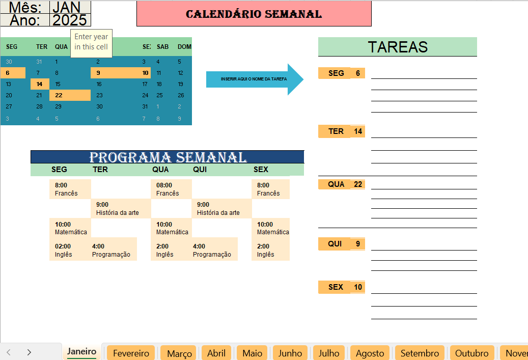 Planeador semanal em Excel para organização de tarefas e compromissos