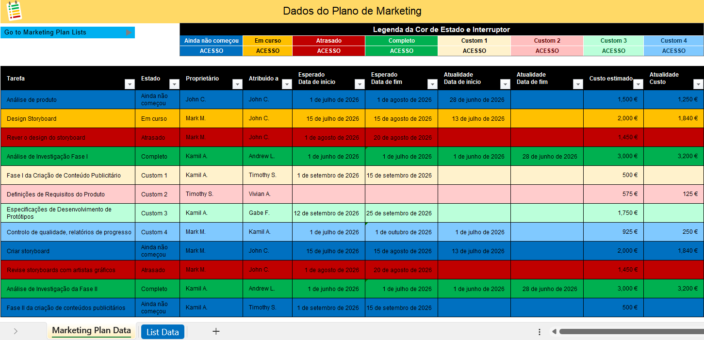 Planeador de projetos de marketing em Excel para organização de campanhas