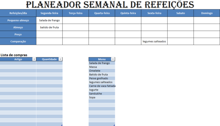 Planeador de refeições automatizado em Excel para organização alimentar