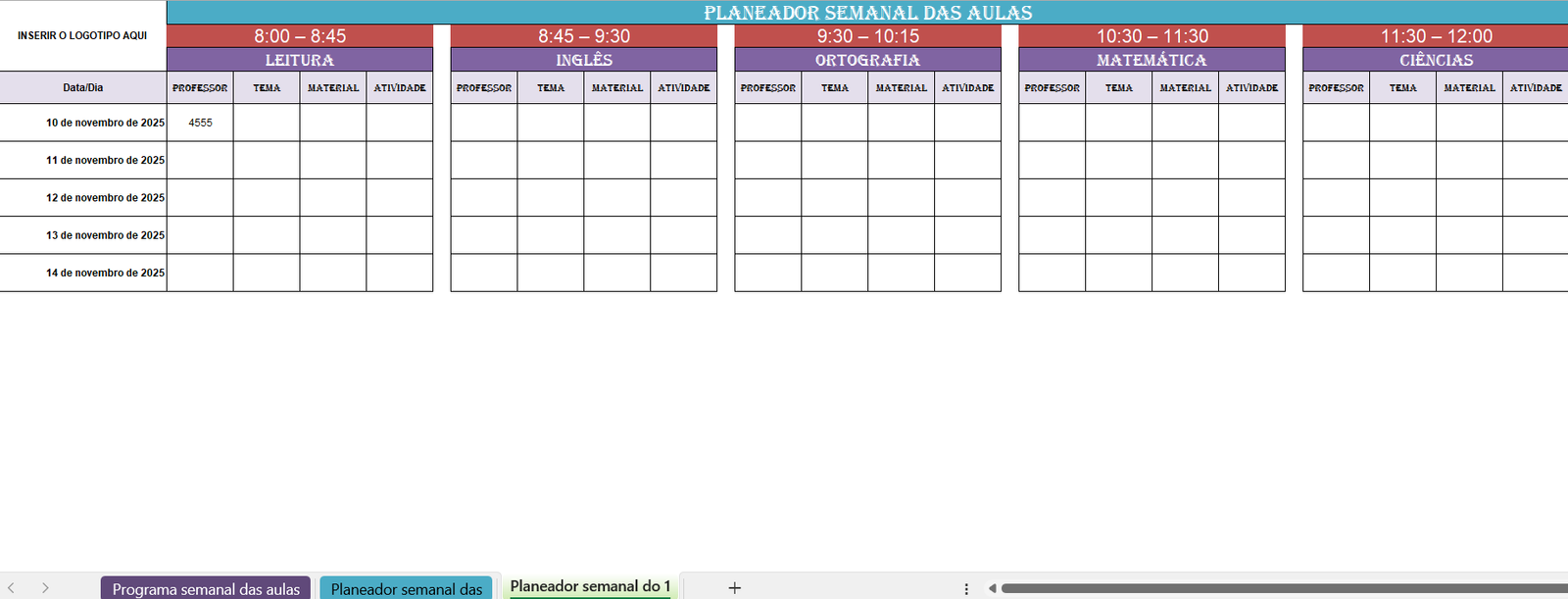 Planilha semanal de planeamento de aulas em Excel para organização pedagógica