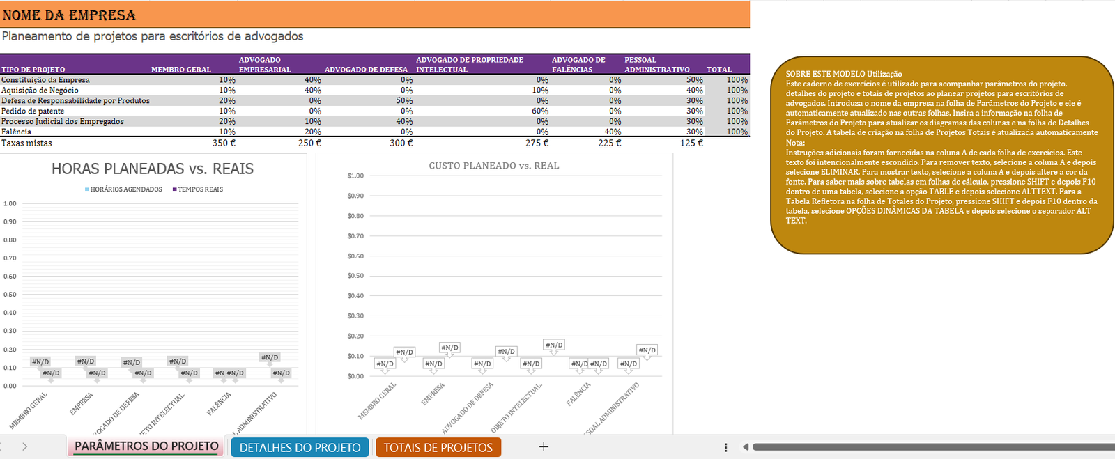 Plano de projeto para escritórios de advocacia em Excel para gestão de processos