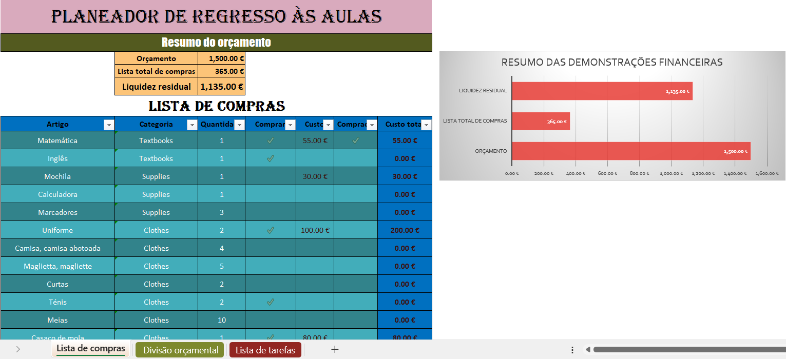 Planeador escolar em Excel para organização do regresso às aulas