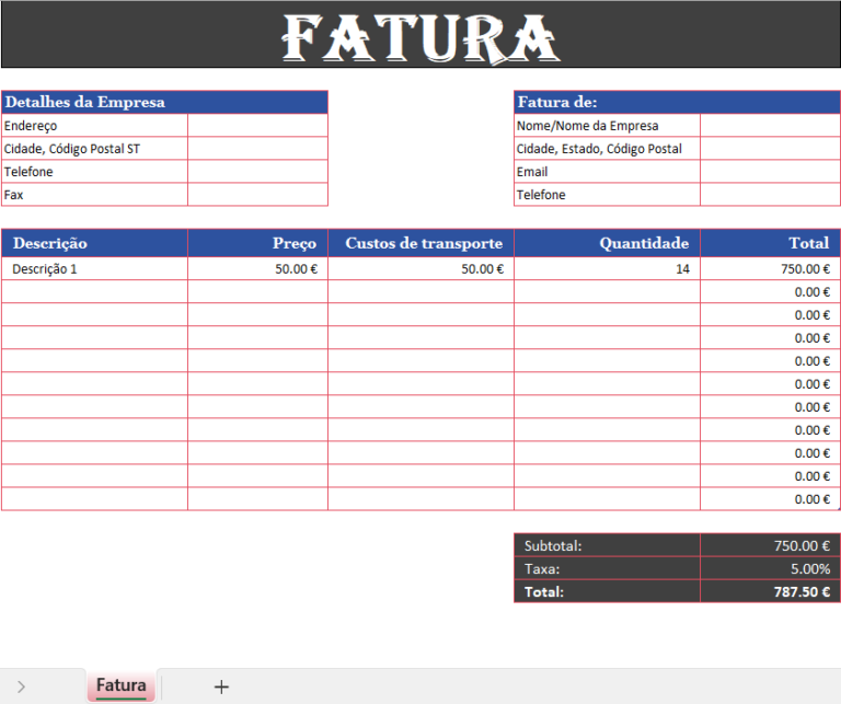 Fatura com cálculo de imposto em Excel para faturação simples e organizada